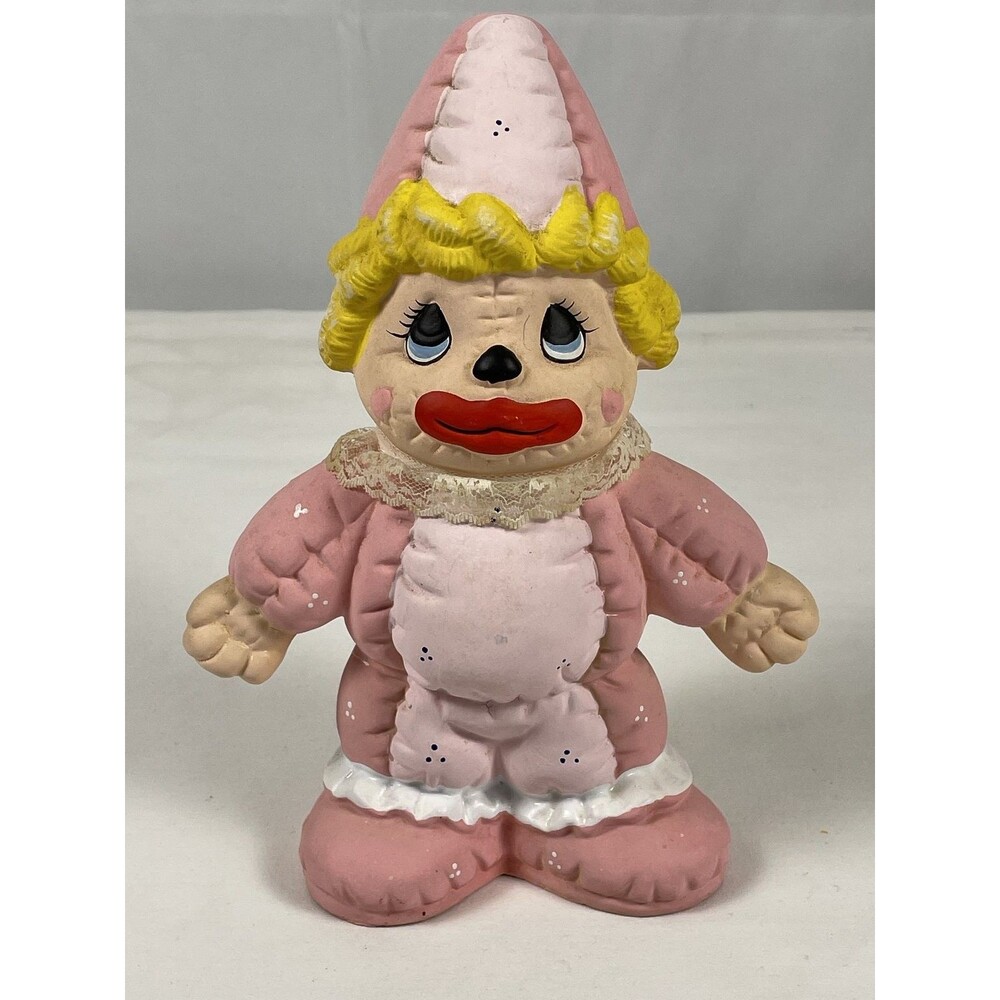 Vintage DAAR ORIGINALS Taiwan Bisque Ceramic Clown Piggy Bank Pink Yellow Hair